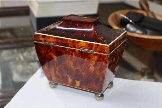 An early 19th century white metal mounted tortoiseshell sarcophagus tea caddy H.15cm, W.15cm